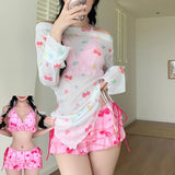 Sweet Vacation Bikini Set 2026 Women Long Sleeve Drawstring Cover Ups Pleate Short 4 Piece Swimsuit Beach Bathing Suit Swimwear