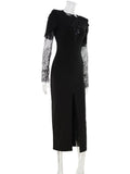 Ahagaga Eelgant Lace Women's Dress Patchwork Long Sleeves Autumn Party Slim Fit Sheath Velvet Sexy Split Trend Female Vestidos