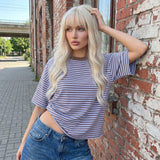 Summer Women's Loose T-shirt Casual Stylish Striped Crew Neck Short Sleeve Drop Shoulder Tee Tops