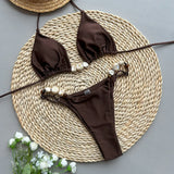 Shiny Halter High Cut Beads Bikini Women Swimwear Female Swimsuit Two-pieces Bikini Set Bather Bathing Suit Swim Lady Beach Wear