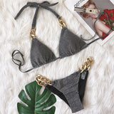 Halter Ribbed Metal Chains Diamond Bikini Women Swimsuit Female Swimwear Two-pieces Bikini Set Bather Bathing Suit Swim Lady