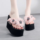 2025 New Beach Flip Flops For Women Summer Wedges Shoes Bohemian Flower Slippers Girls Sexy High Heels Street Platform Sandals