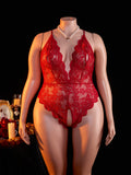 Plus Size Sexy Crotchless Lingerie Women Lace Hollow Bodysuit Erotic Pajamas Teddy Babydoll Dress Deep V Open Bra Underwear Set