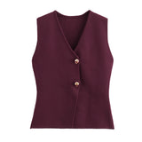 Foridol Gold Button Knitted Tank Top Women Autumn Winter Burgundy Short Vest Sleeveless V Neck Chic New Fashion Tops