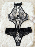 Toucheart Erotic Bodysuit Sexy Embroidered Underwire  Push-up Backless with Detachable Shoulder Straps See-through Halter Neck