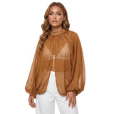 Women's Spring Summer Solid Color Sheer Blouse Glitter Long Sleeve Mock Neck Open Front Tops Streetwear