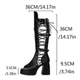 Plus Size Women Black Patent Matte Leather Lace Up Knee High Boots Peep Toe Platform Block Heel Back Zip Gothic Y2K Party Heels