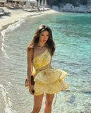 Women's Sexy One-Shoulder Waist-Cinching Dress Pure Desire Yellow Floral Print Ruffled Mini Dress Party Dress For Women NRR0