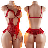 Adult Women's Sexy Underwear Semi-Coverage Bra With Steel Bra Push-Up Red Erotic Bodysuit Hot Crotchless Porn Lingerie Body Set
