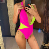 Splicing Deep V Neck Halter Backless Women Swimwear One Piece Swimsuit Female High Cut Monokini Bather Bathing Suit Swim V5793