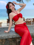 2025 Korean Swimsuit Women Sexy Bikini Red Split Long Skirt Swimsuit Women Halter 3D Flower Push Up Holiday 3 Piece Swimwear