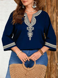 Women's Casual Printed Three Quarter Sleeve Shirt Tops Large Size Women's Tops Loose and Comfortable