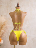 Sexy Black 3D Flower Holiday Bikini Set 2026 Women Drawstring Side Knitted Cover Up 3 Piece Swimsuit Beach Bathing Suit Swimwear