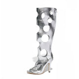 Big Size 43 Sexy Black Hollow Out Summer Boots Women White Thin High Heels Knee High Boots Stiletto Zip-up Peep Toe Party Shoes