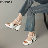 NASBAVI Women Patent Leather Sandals Super Chunky High Heeled Ankle Buckle Shoes Platform Summer Thick Heel Sandal Ladies 35-43