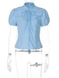 FDYOUI Fashion Stand Collar Lace-up Hollow Out T-shirts Women Chic Short Sleeve Single Breasted Crop Top Folds Solid Tee Shirt