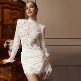 Ahagaga Fashion Lace Mini Dresses Elegant High Neck Solid Slim Long Sleeve Bodycon Party Clubwear Streetwear Woman Vestidos Robe
