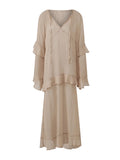 Women's Sheer Chiffon Long Dress Stylish Ruffle Trim V Neck Long Sleeve Loose Fit Dress See Through Cover-ups Streetwear