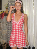 Foridol Plaid Printed Red Women's Dresses White Cotton V Neck Short Party Summer Dress New in Vintage Beach Mini Dress