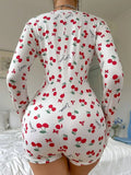 Summer Onesies Women's Sexy Pajamas Bodysuit Casual Cherry Print V-neck Front Button Long Sleeve Slim Fit Jumpsuit Sleepwear
