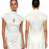 Women's Cheongsam Tops Mock Neck Short Sleeve Lace Patchwork  Blouse Chinese Style Keyhole Summer Shirts
