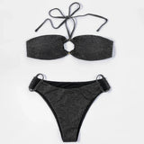 ZTVitality Shiny Black Women Swimsuit Sexy Bikini 2022 New Arrival Halter Padded Bandage Ring Beach Swimwear Brazilian Biquini