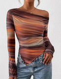 Women's Off-Shoulder Ruffled Sleeve Long-Sleeve Top with Asymmetrical Tie-Dye Mesh Asymmetrical Pleated Floral Print T-Shirt