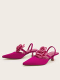 2025 Large Size 43 Summer Women's Pointy Toe Kitten Heels Slingback Pumps Elegant Satin Sandal Rose Flower Office Lady Shoes