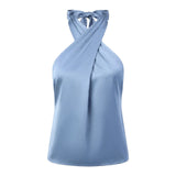 Women Fashion Sleeveless Halter Neck Tank Tops Summer Solid Color Backless Satin Casual Vests Streetwear