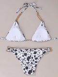 Sexy Cow Print Halter Metal Chains Brazilian Bikini Women Swimsuit Female Swimwear Two Pieces Bikini Set Bathing Suit Swim Lady