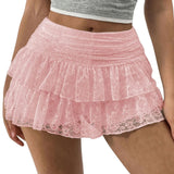 Women's Summer Solid Color Lace Floral Skirt High Rise Tiered Ruffled Flowy Short Mini A Line Skirts Streetwear