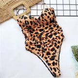 Push Up Bra Cup Leopard Scrunched Women Bandeau Swimwear One Piece Swimsuit Female Monokini High Cut Bathing Suit Swim Bodysuit