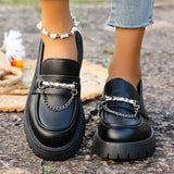 2025 Fashion Metal Chain Platform Loafers Women Thick Bottom Pu Leather Shoes Woman Slip On Black Student Shoes Plus Size 35-43