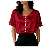 Women's Satin Short Sleeve T Shirt With Pearl Buttons Solid Color V Neck Loose Fit Elegant Office Lady Tees Summer Commuter Top