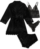 4pcs Women Striped Lingerie Set Lace Trim Robe Camisole Shorts Panties Nightwear Sleepwear Homewear Sexy Pajamas Outfit