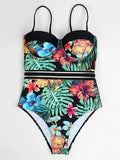 S - XL Floral Leaves Print Underwired Bra Cup Women Swimwear One Piece Swimsuit Female Monokini Bandeau Bathing Suit Swim Lady