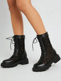 2026 New Big Size 45 Chic Black Lace Mesh Summer Boots Women Round Toe Square Heels Shoelace Zip-up Mid-calf Boots Shoes