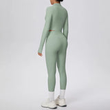 New Women Yoga Set Solid Color Double-Sided Brushed Bare Feel Short Long-Sleeve Jacket Tight Pants Running Fitness 2-Piece Set