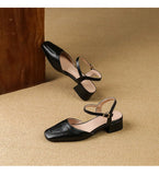Plus Size 34-41 Women's Sheepskin Narrow Band T-strap Square Toe Summer Sandals 3.5cm Thick Low Heel Elegant Ladies Dress Shoes