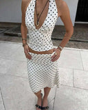 2026 Women Vintage Black White Polka Dot A-line Knee Length Skirt Sexy Low Waist Holiday Summer Skirts Slim Mini Skirts J7L2