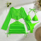 Women micro mini halter bikinis sets 3pcs with knitted long sleeve hollow out mini dress swimsuit bathing suit beach outfits