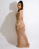 DEKA New Sexy Knit Mesh Cut Out Deep V Neck Long-sleeve Lace-up Fringe Tunic Summer Women Swimsuit Cover-ups Beach Maxi Dress
