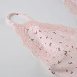 Cute Pink Floral Lace Patchwork Two-piece Pajamas Set for Women Sleepwear Sleeveless Camisoles and Slim Shorts Loungewear