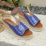 Buckle Strap Wedge Heel Sandals for Women Summer 2026 Plaid Pattern Platform Sandals Woman Thick Bottom Anti Slip Beach Shoes