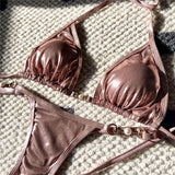 PU Faux Leather Halter Mini Thong Bikini Women Swimwear Female Swimsuit  Two-Pieces Bikini Set Bather Bathing Suit Swim V5206W