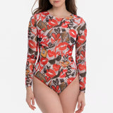 2026 New Women's Patchwork One-Piece Swimsuit Long Sleeve Sports Swimwear Sexy Backless Beach Wear Bather Surfing Suit