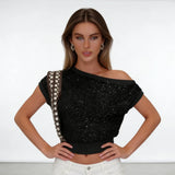 Women Long Sleeve Ribbed Hem and Cuffs Party Autumn Fashion T-shirt Tops Sequined Off Shoulder Knit Top