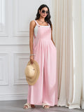 Women Fashion Jumpsuits Sleeveless Buttons Suspender Wide Leg Pant Overalls with Pockets Casual Loose Romper Streetwear