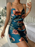 Summer Ice Silk Stain Nightgowns Women Sexy Sleepwear Slip Dress Floral Print Pajamas Open Back Split Nightdress Nighties
