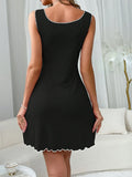 Sexy Black Ribbed Nightdress for Women  Elegant Sleeveless Sleepwear with Bow  Ruffled Hem All-Season Lingerie Sleep Dress